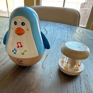 Hape Penguin Musical Wobbler & Montessori rolling wood Rattle